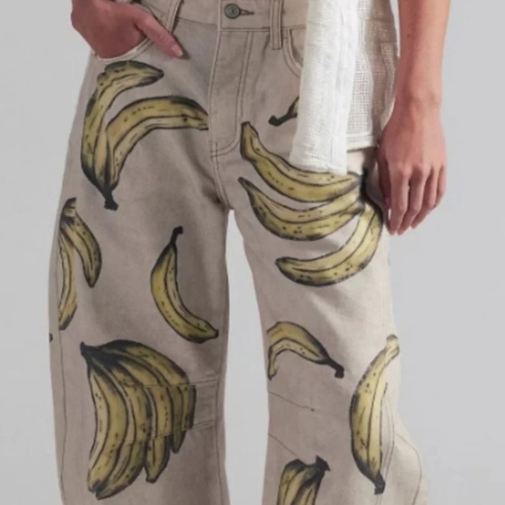 NWT FREE PEOPLE We The Free Good Luck Printed Barrel Jeans - Go Bananas - Picture 6 of 8